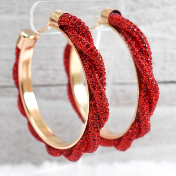 3" Boho Braid Twist Red Rhinestone Hoop Earrings - Picture 8 of 13